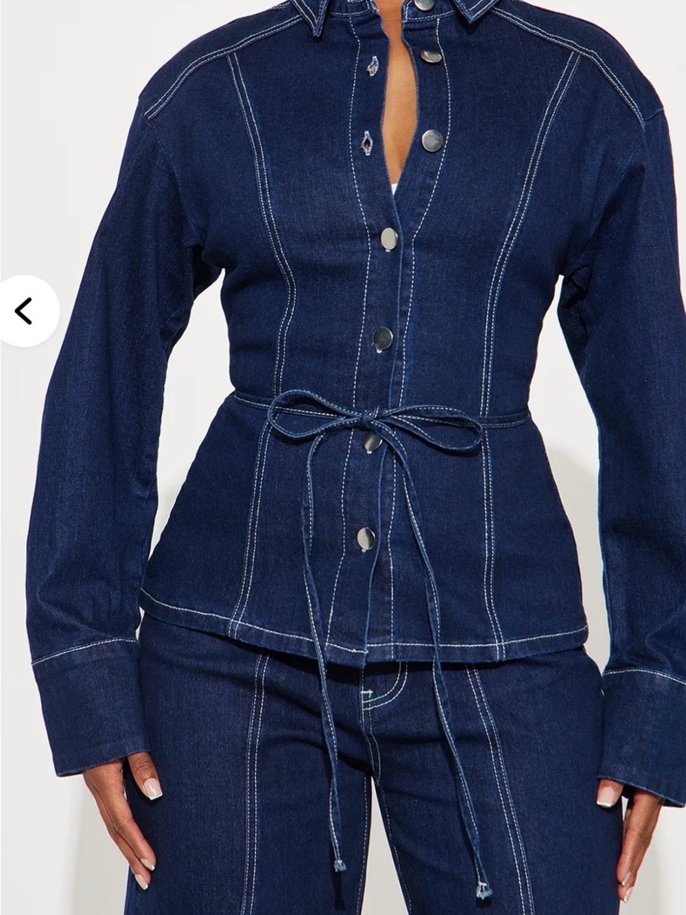 Fashion Nova Dark Indigo set Denim Jacket w/Waist Tie w/cuffed wide leg jeans